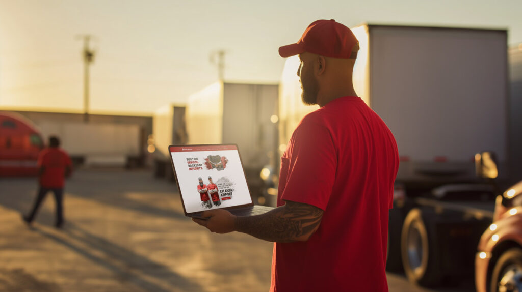 man on laptop outside by freight truck with mockup of ATLFreight website