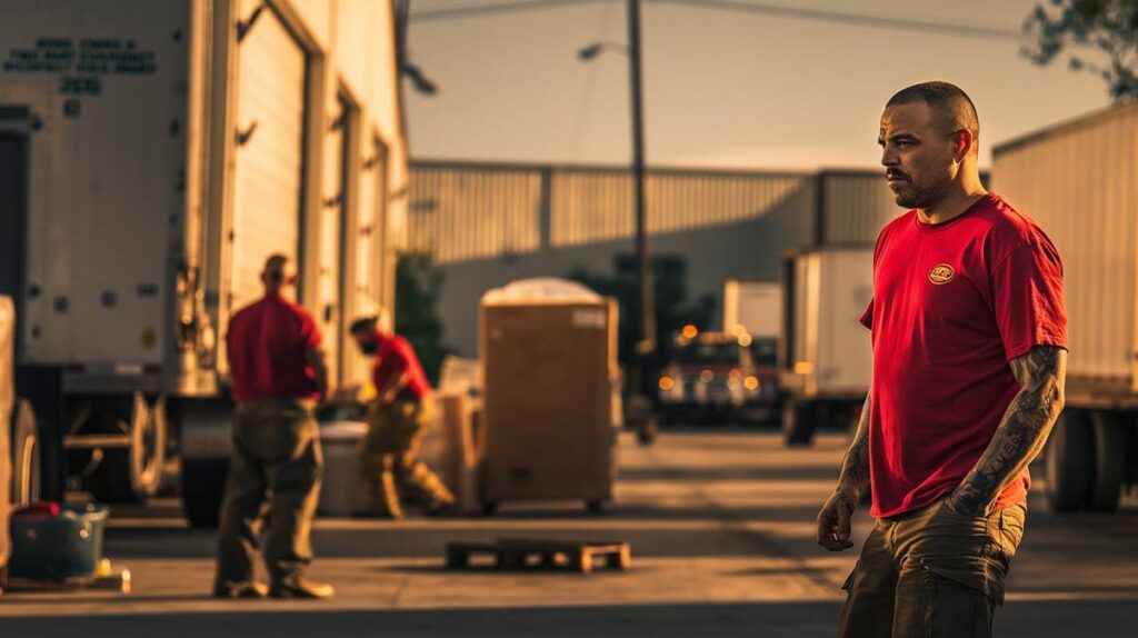 ATLFreight workers in red shirts loading outside warehouse