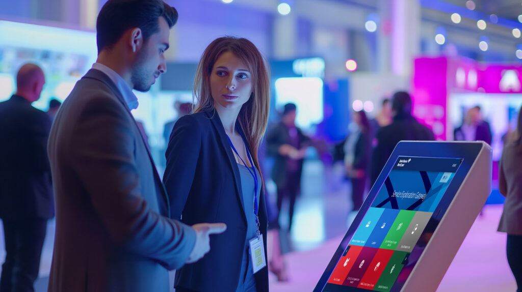 Bank of America touchscreen at event with two people standing next to it