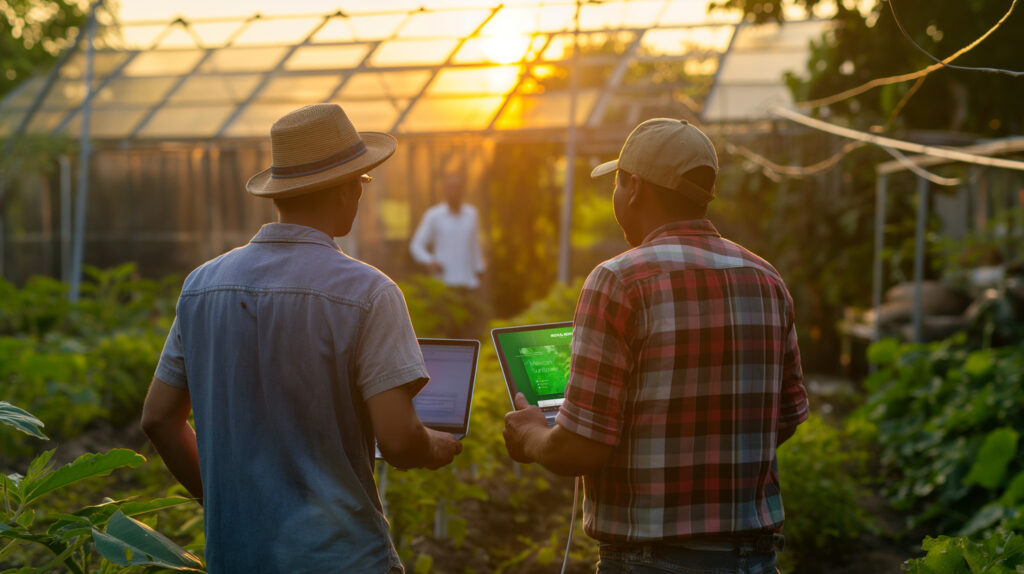 Huckleberry Holler website mockup of two men standing in garden on laptop sunset