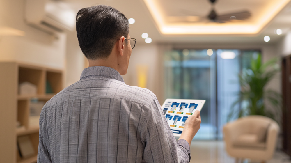 Man holding Aprilaire app in room