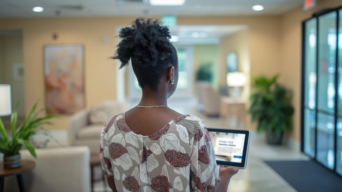 Woman standing with Aprilaire app on tablet